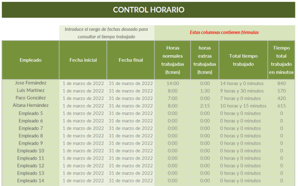 Control horario plantilla Excel horas trabajadas