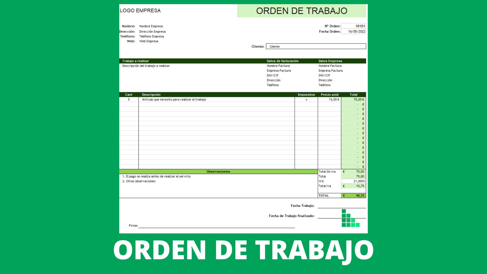 Plantilla Excel Orden de Trabajo para imprimir [2025]