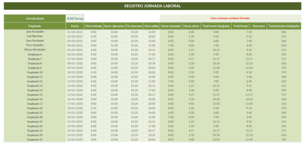 Registro jornada laboral plantilla Excel horas trabajadas
